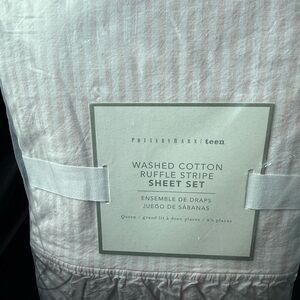 Pottery Barn Teen Washed Cotton Ruffle Stripe Sheet Set - Light Pink